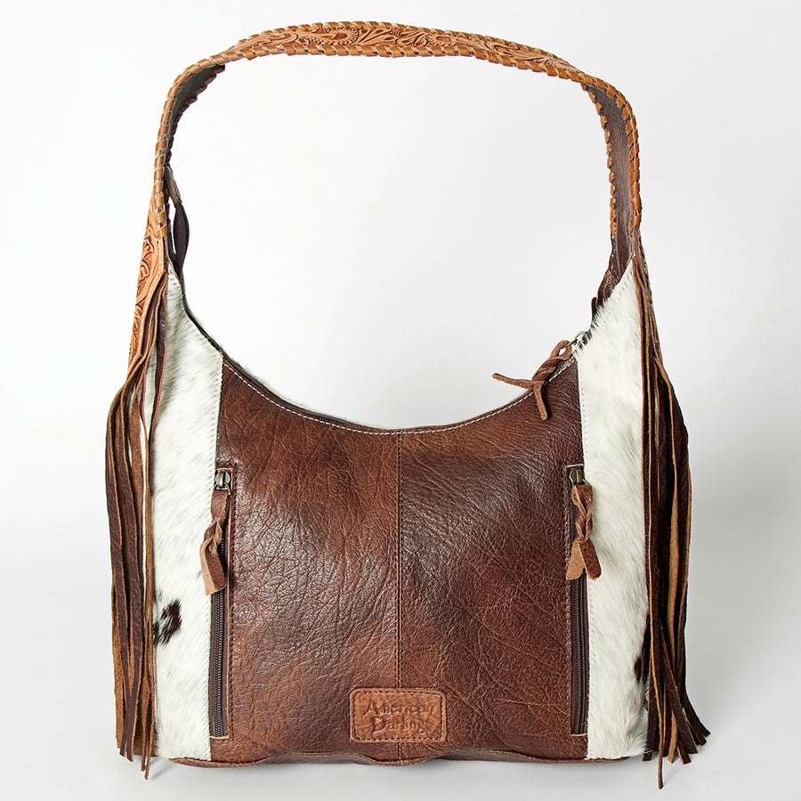 American Darling Hobo Bag for Women, Hand Tooled Floral Leather & Hair-On Cowhide Western Purse with Fringes & YKK Zipper