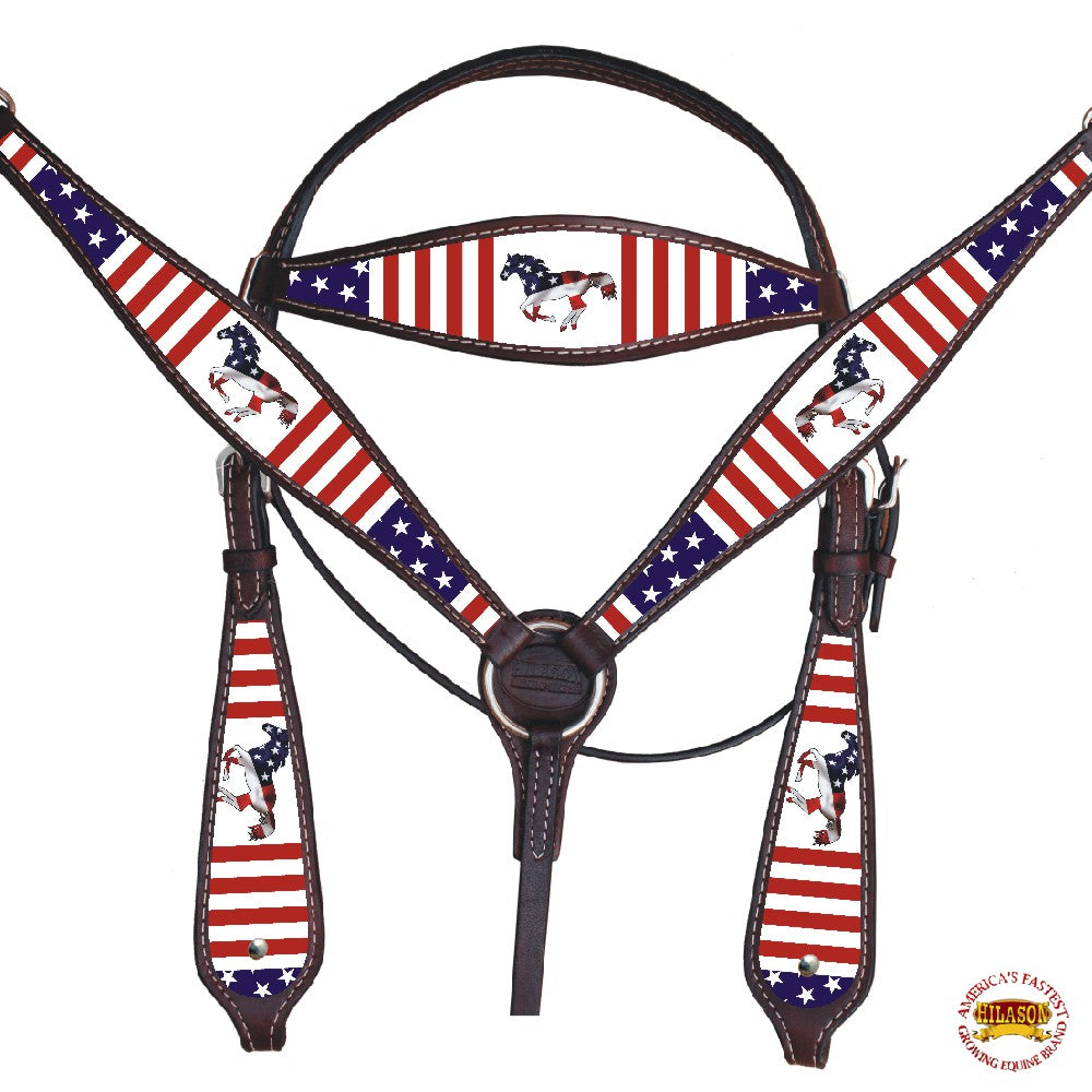 HILASON Western Horse Headstall Breast Collar American Leather US Flag Leather Brown | Leather Headstall | Leather Breast Collar | Tack Set for Horses | Horse Tack Set