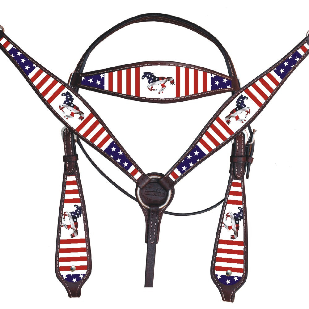 HILASON Western Horse Headstall Breast Collar American Leather US Flag Leather Brown | Leather Headstall | Leather Breast Collar | Tack Set for Horses | Horse Tack Set