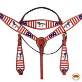 HILASON Western Horse Headstall Breast Collar American Leather US Flag | Leather Headstall | Leather Breast Collar | Tack Set for Horses | Horse Tack Set