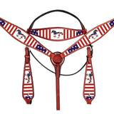 HILASON Western Horse Headstall Breast Collar American Leather US Flag | Leather Headstall | Leather Breast Collar | Tack Set for Horses | Horse Tack Set
