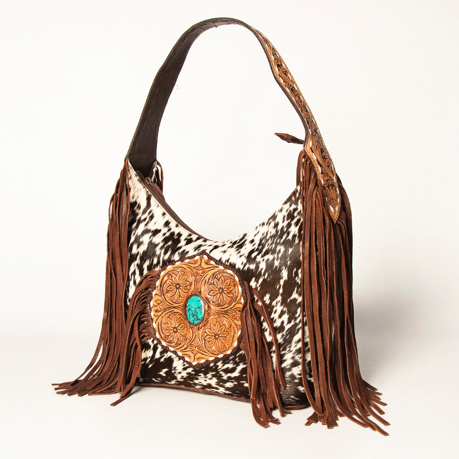American Darling Hair-On Cowhide Tote Bag Leather Fringe Turquoise Concho - Uhorse