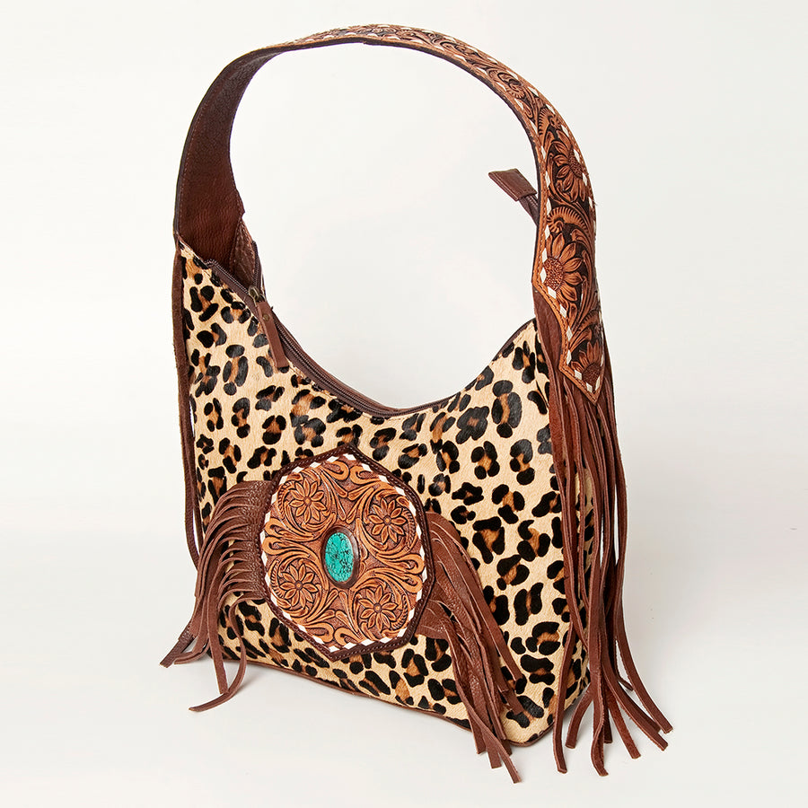 American Darling Hair-On Cowhide Tote Bag Leather Fringe Turquoise Concho - Uhorse