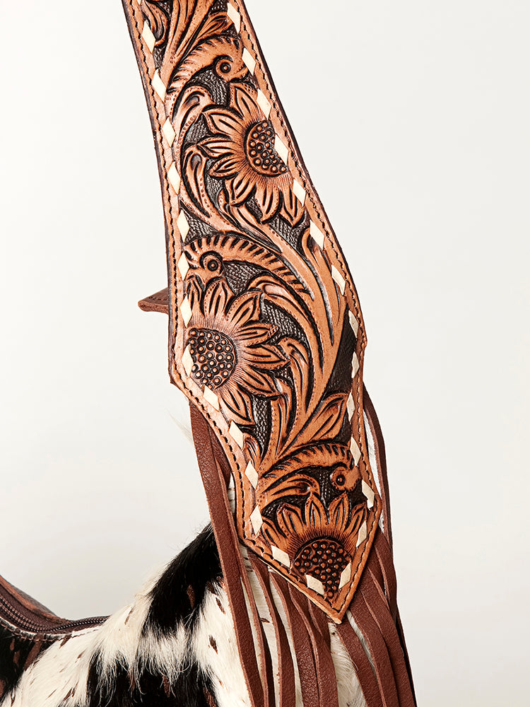 American Darling Hand Tooled Genuine Leather Hobo Bag for Women Hair-On Cowhide Floral Carved Purse with Fringes & YKK Zipper