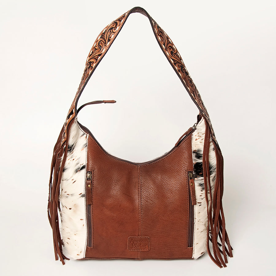 American Darling Hand Tooled Genuine Leather Hobo Bag for Women Hair-On Cowhide Floral Carved Purse with Fringes & YKK Zipper