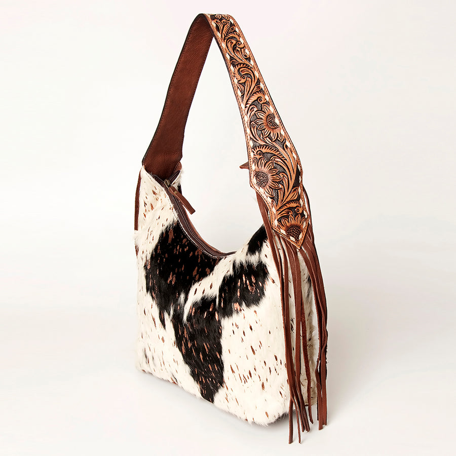 American Darling Hand Tooled Leather Hair-On Cowhide Fringe Hobo Bag - Uhorse