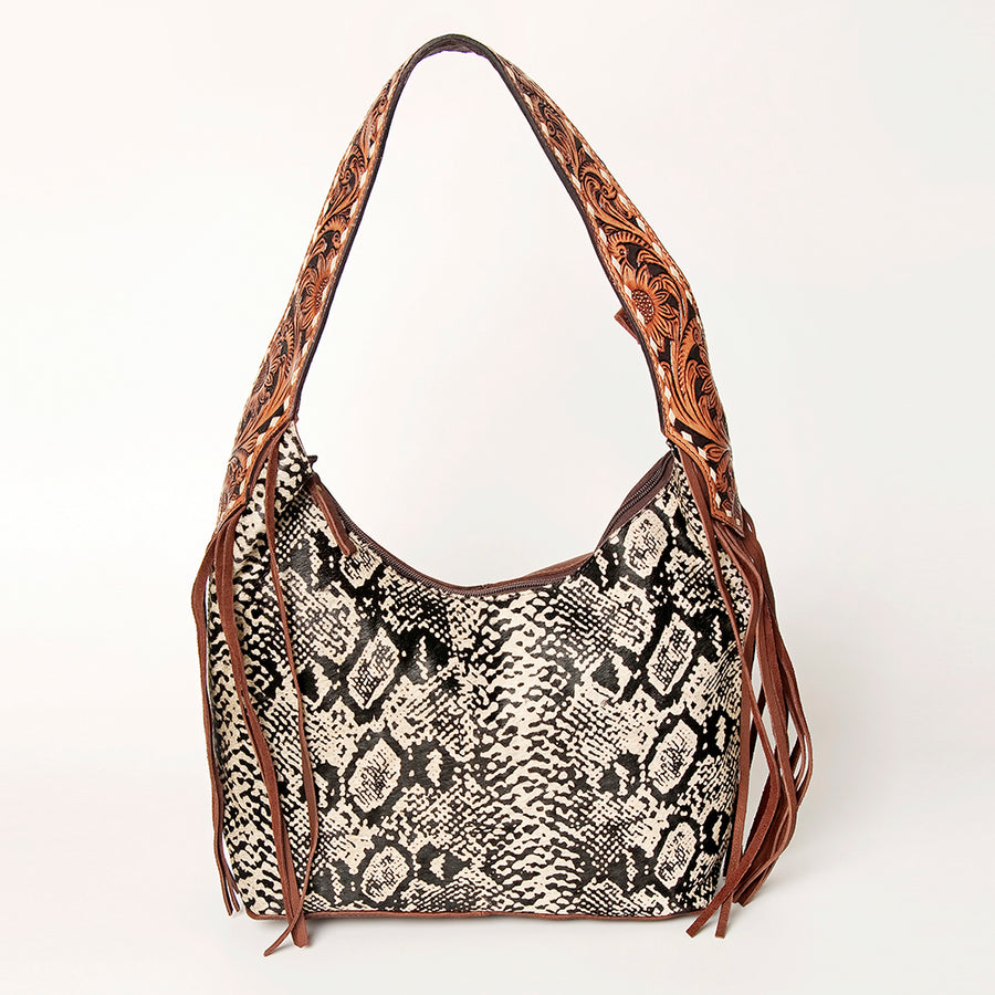 American Darling Hand Tooled Genuine Leather Hobo Bag for Women Hair-On Cowhide Floral Carved Purse with Fringes & YKK Zipper