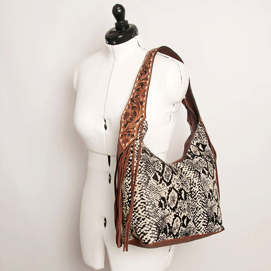 American Darling Hand Tooled Genuine Leather Hobo Bag for Women Hair-On Cowhide Floral Carved Purse with Fringes & YKK Zipper