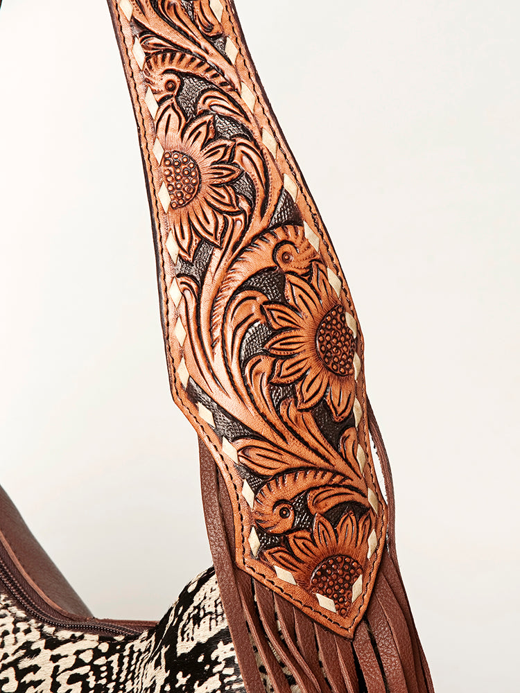 American Darling Hand Tooled Genuine Leather Hobo Bag for Women Hair-On Cowhide Floral Carved Purse with Fringes & YKK Zipper
