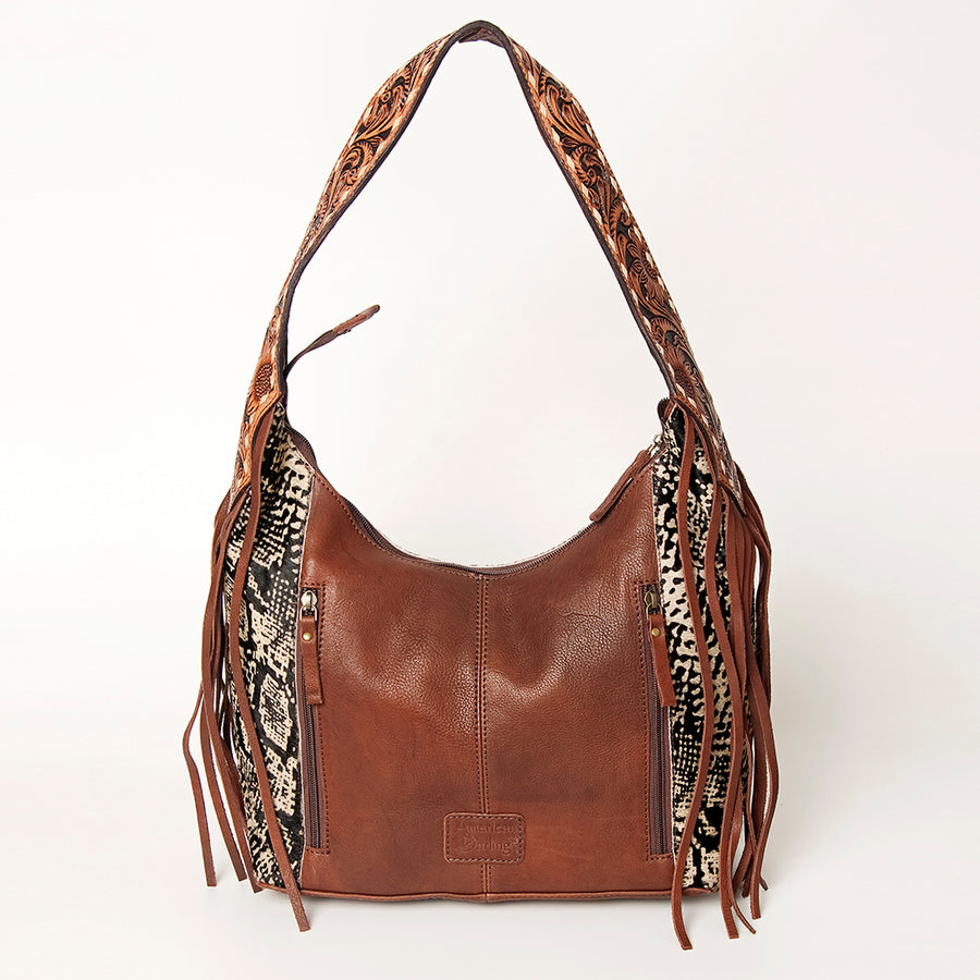 American Darling Hand Tooled Genuine Leather Hobo Bag for Women Hair-On Cowhide Floral Carved Purse with Fringes & YKK Zipper
