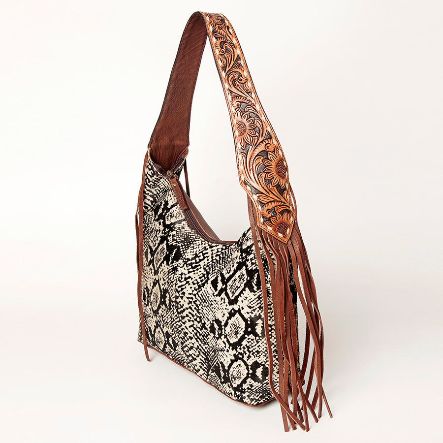 American Darling Hand Tooled Leather Hair-On Cowhide Fringe Hobo Bag - Uhorse