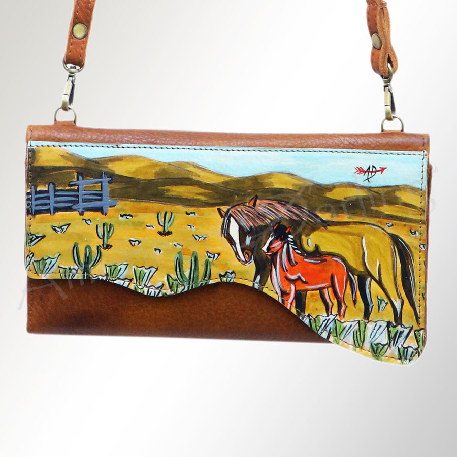 American Darling Small Cross body Bag, Hand Painted Western Scene, Vegetable Tanned Full Grain Leather, 4in (H) X 8in (W) X 1in (D)