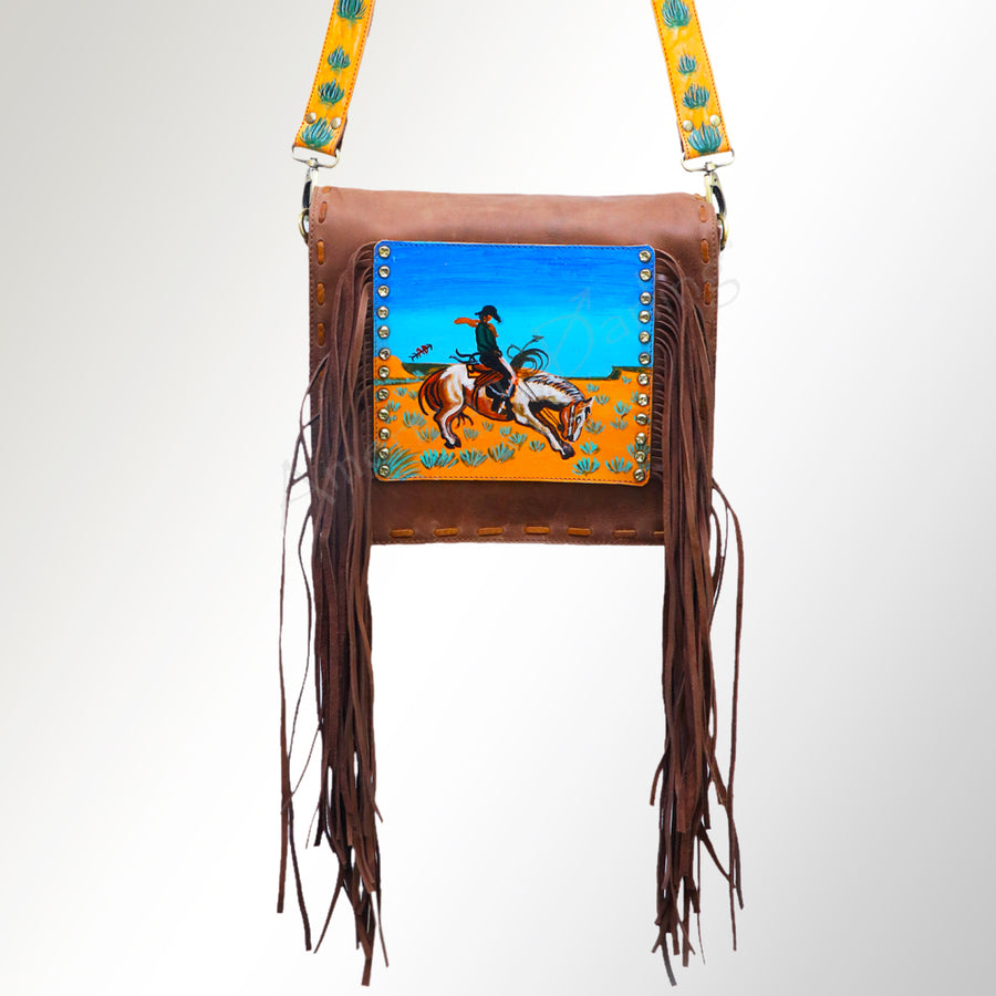 American Darling Cross body Bag Hand Tooled Floral Leather Fringed Western Purse 12in x 12in