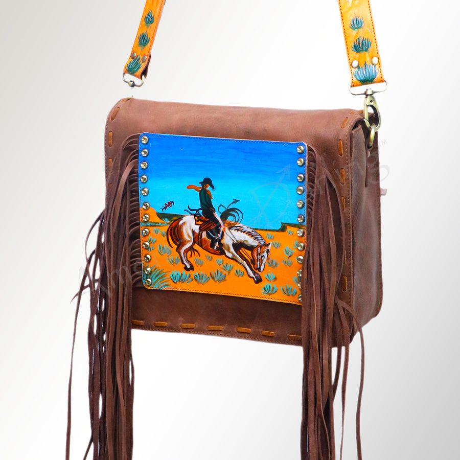 American Darling Hand Tooled Cross body Bag - Fringed Western Leather Purse - Uhorse