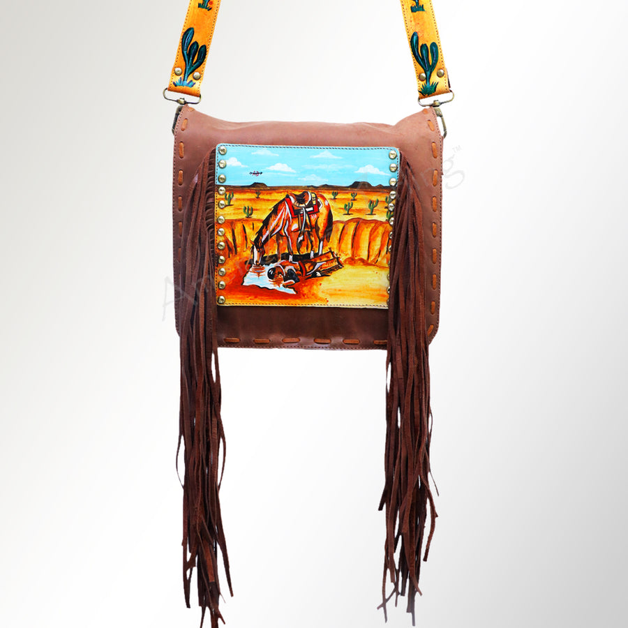 American Darling Cross body Bag Hand Tooled Floral Leather Fringed Western Purse 12in x 12in