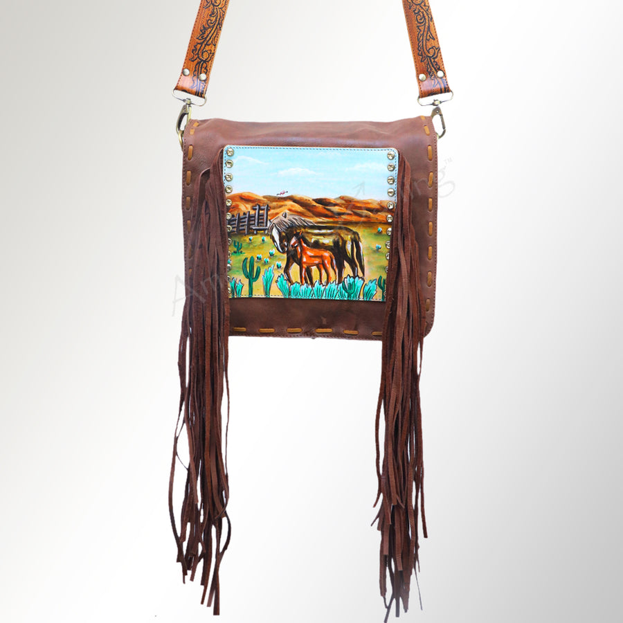 American Darling Cross body Bag Hand Tooled Floral Leather Fringed Western Purse 12in x 12in