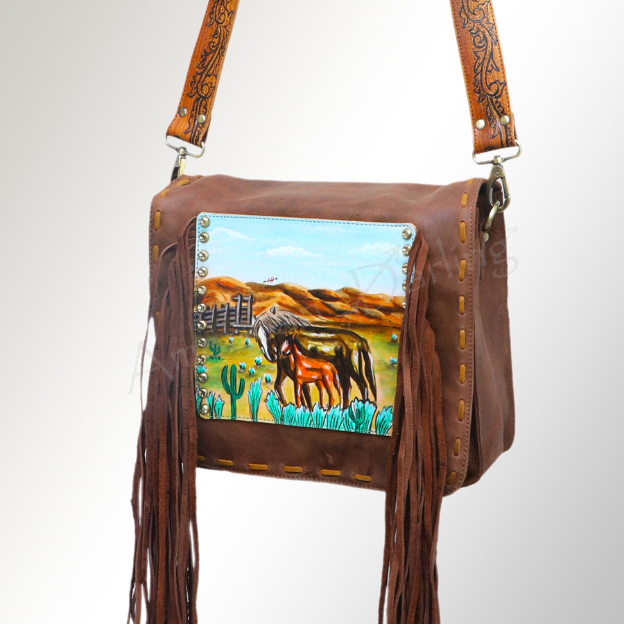 American Darling Hand Tooled Cross body Bag - Fringed Western Leather Purse - Uhorse