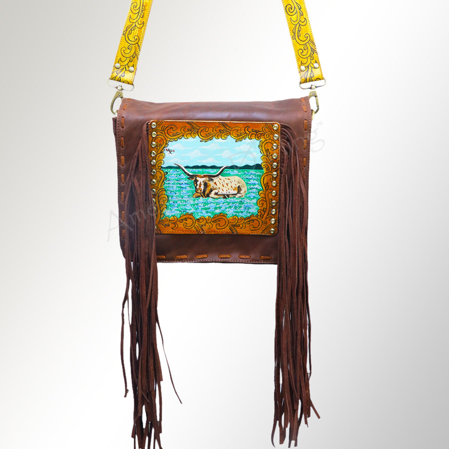 American Darling Cross body Bag Hand Tooled Floral Leather Fringed Western Purse 12in x 12in