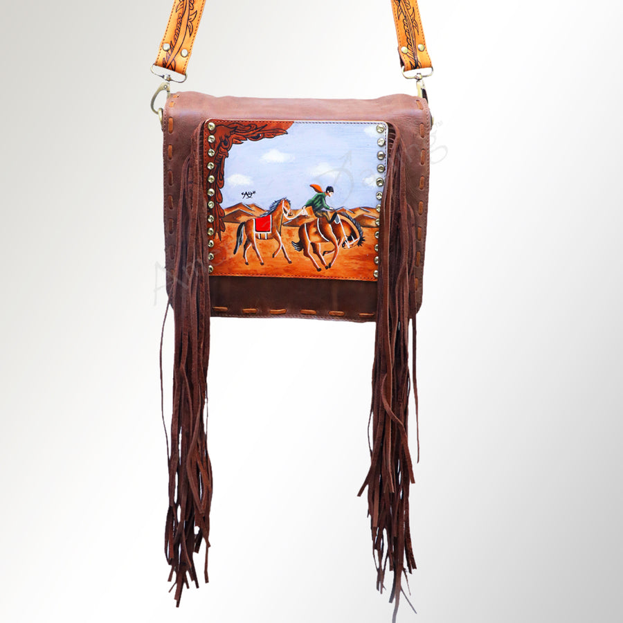 American Darling Cross body Bag Hand Tooled Floral Leather Fringed Western Purse 12in x 12in