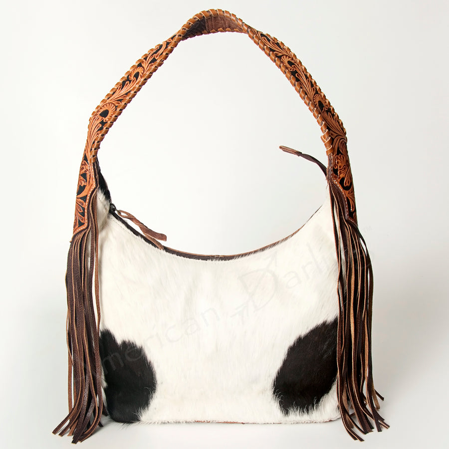 American Darling Hobo Bag for Women, Hand Tooled Floral Leather & Hair-On Cowhide Western Purse with Fringes & YKK Zipper