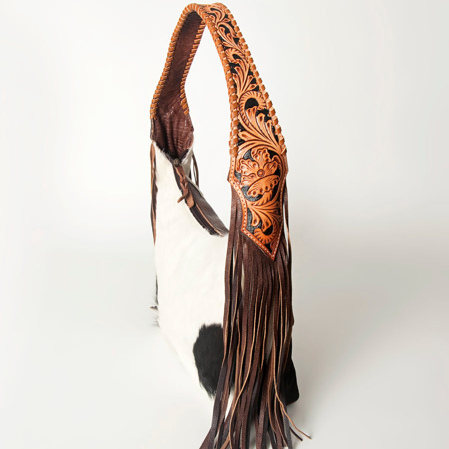 American Darling Hobo Bag for Women, Hand Tooled Floral Leather & Hair-On Cowhide Western Purse with Fringes & YKK Zipper