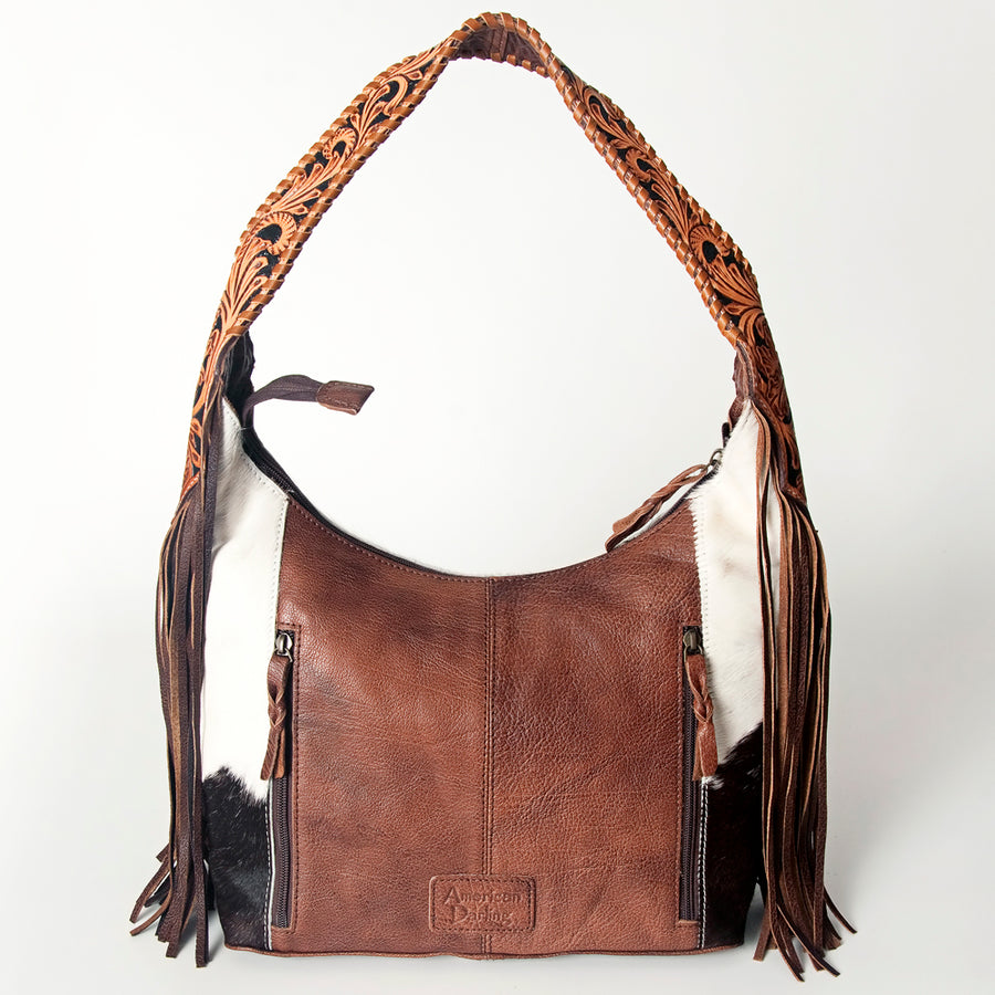 American Darling Hobo Bag for Women, Hand Tooled Floral Leather & Hair-On Cowhide Western Purse with Fringes & YKK Zipper