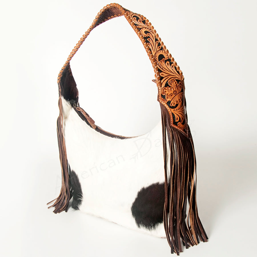 American Darling Western Leather Hobo Bag - Hand Tooled Cowhide and Fringe Purse - Uhorse