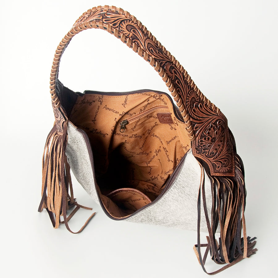 American Darling Hobo Bag for Women, Hand Tooled Floral Leather & Hair-On Cowhide Western Purse with Fringes & YKK Zipper