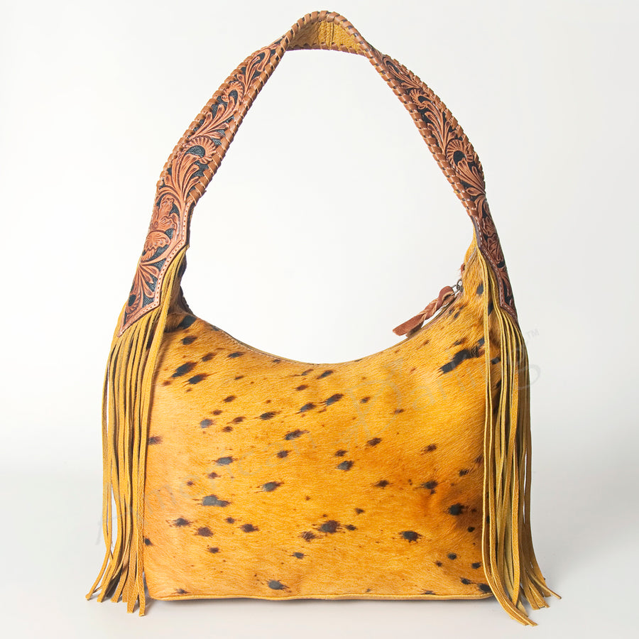 American Darling Hobo Bag for Women, Hand Tooled Floral Leather & Hair-On Cowhide Western Purse with Fringes & YKK Zipper