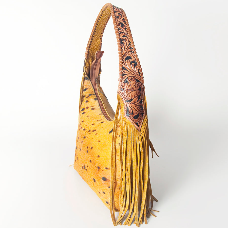 American Darling Hobo Bag for Women, Hand Tooled Floral Leather & Hair-On Cowhide Western Purse with Fringes & YKK Zipper