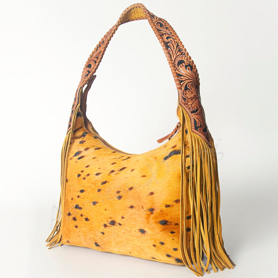 American Darling Western Leather Hobo Bag - Hand Tooled Cowhide and Fringe Purse - Uhorse