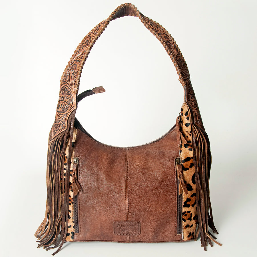 American Darling Hobo Bag for Women, Hand Tooled Floral Leather & Hair-On Cowhide Western Purse with Fringes & YKK Zipper