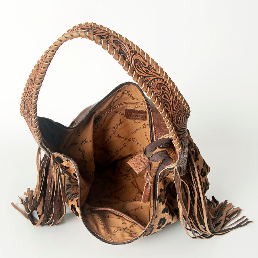 American Darling Hobo Bag for Women, Hand Tooled Floral Leather & Hair-On Cowhide Western Purse with Fringes & YKK Zipper