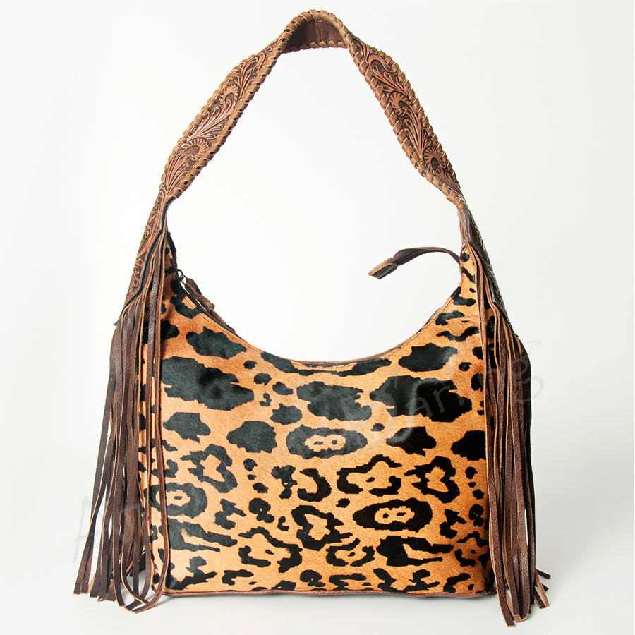 American Darling Hobo Bag for Women, Hand Tooled Floral Leather & Hair-On Cowhide Western Purse with Fringes & YKK Zipper