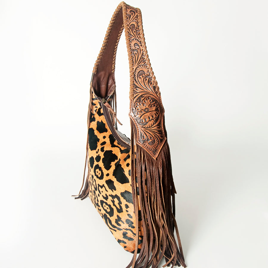 American Darling Hobo Bag for Women, Hand Tooled Floral Leather & Hair-On Cowhide Western Purse with Fringes & YKK Zipper