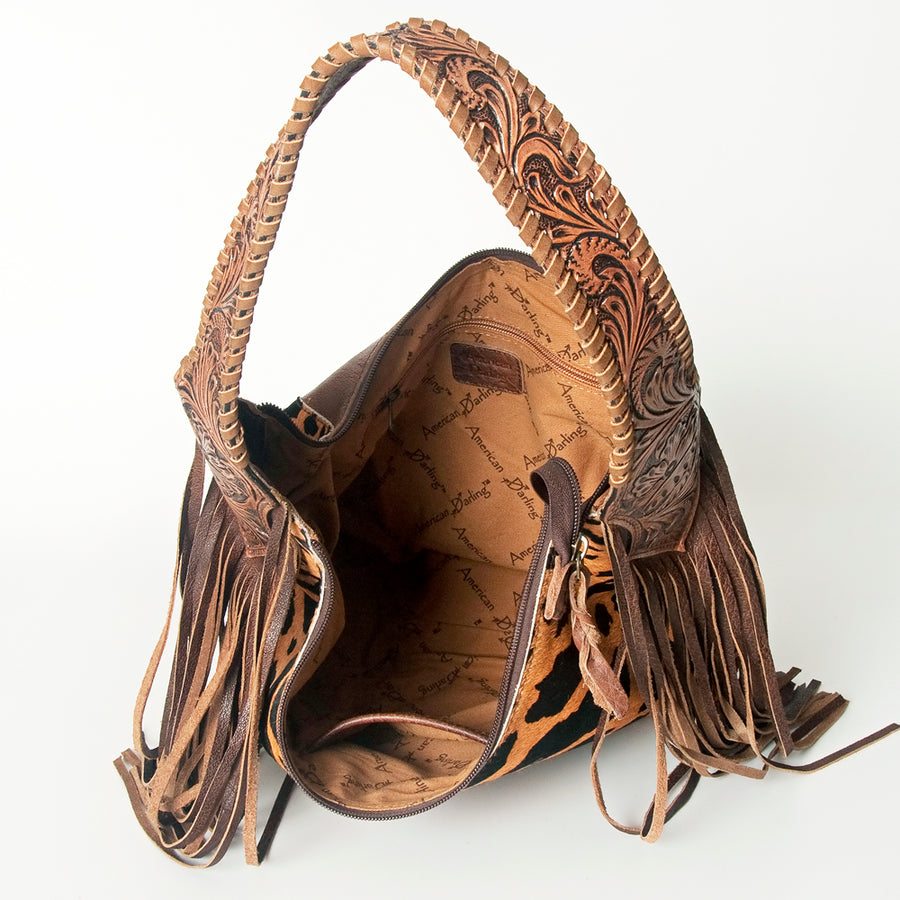 American Darling Hobo Bag for Women, Hand Tooled Floral Leather & Hair-On Cowhide Western Purse with Fringes & YKK Zipper