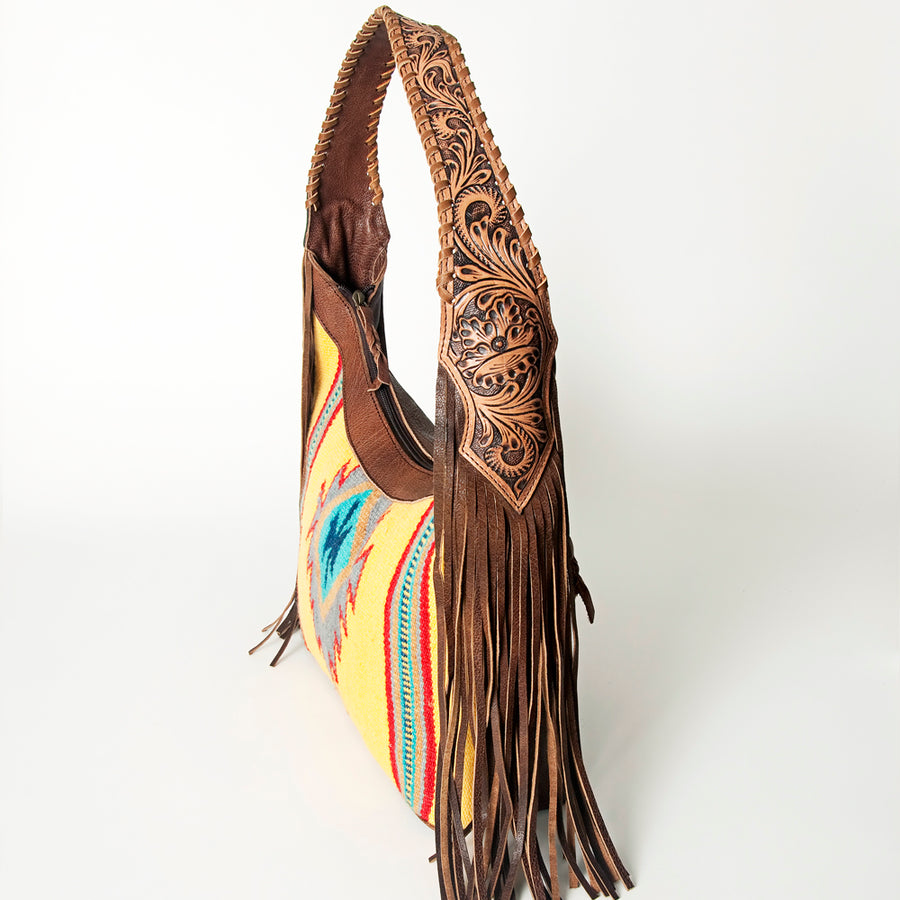 American Darling Hobo Bag for Women, Hand Tooled Floral Leather & Hair-On Cowhide Western Purse with Fringes & YKK Zipper