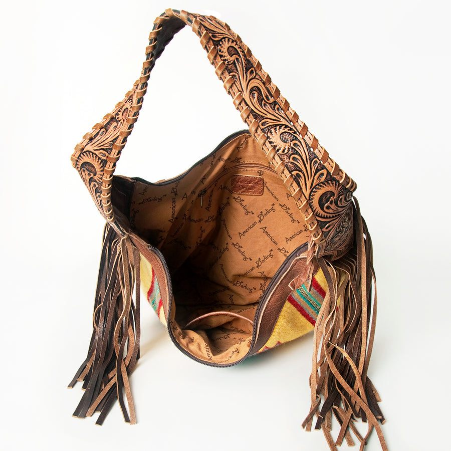 American Darling Hobo Bag for Women, Hand Tooled Floral Leather & Hair-On Cowhide Western Purse with Fringes & YKK Zipper