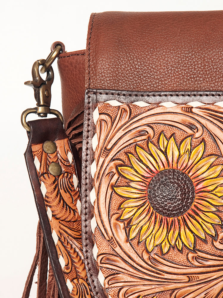 American Darling Messenger Hand Tooled Floral Carved Genuine Leather with Fringes Buck Stitched Western Accessories