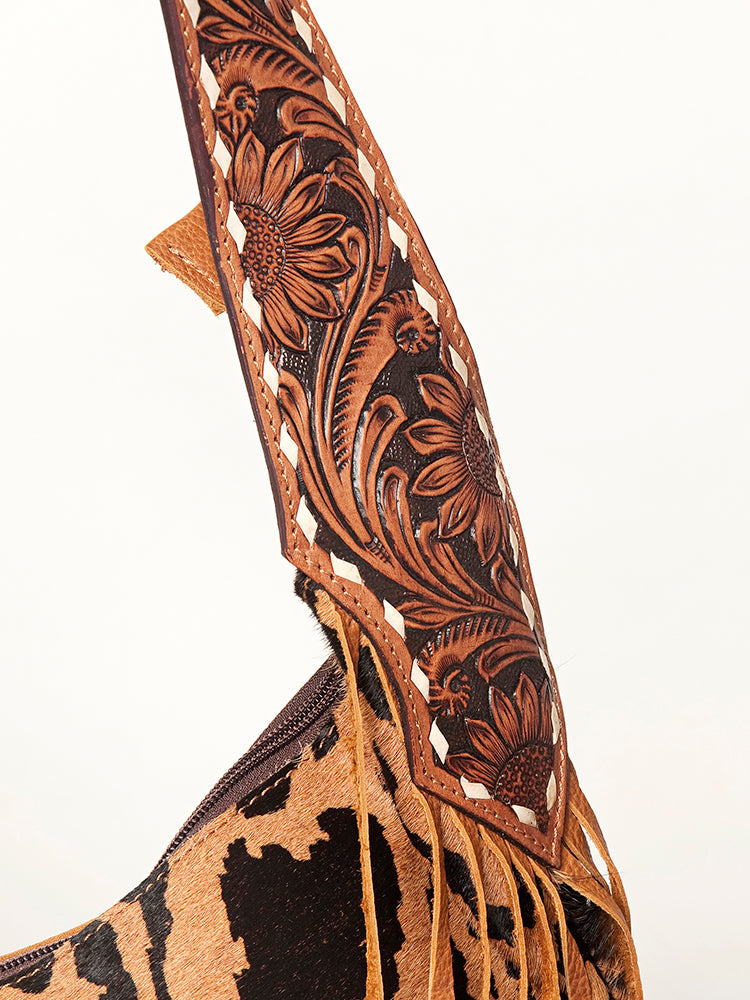American Darling Genuine Leather Hobo Bag for Women Hair-On Cowhide Floral Carved Tooled Purse with Fringes & YKK Zipper