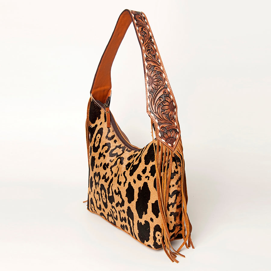 American Darling Hair-On Cowhide Fringe Hobo Bag Floral Carved Leather - Uhorse