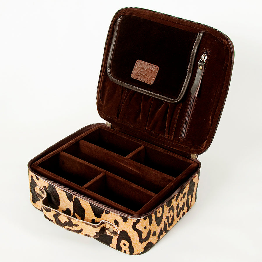 American Darling Genuine Leather Jewelry Case for Women Hair-On Cowhide Travel Organizer Box with YKK Zipper
