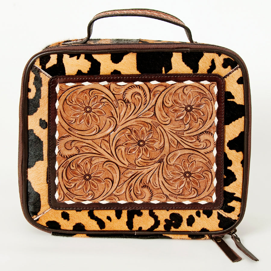 American Darling Genuine Leather Jewelry Case Hair-On Cowhide Floral Carved Tooled Travel Organizer Box with YKK Zipper