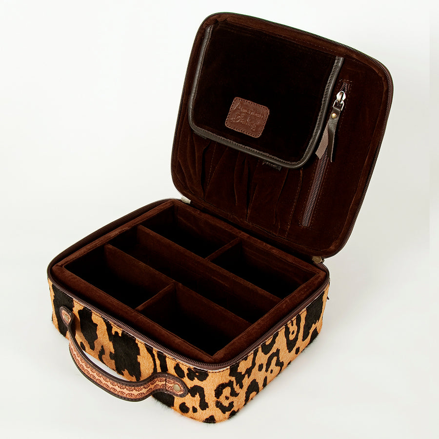 American Darling Genuine Leather Jewelry Case Hair-On Cowhide Floral Carved Tooled Travel Organizer Box with YKK Zipper