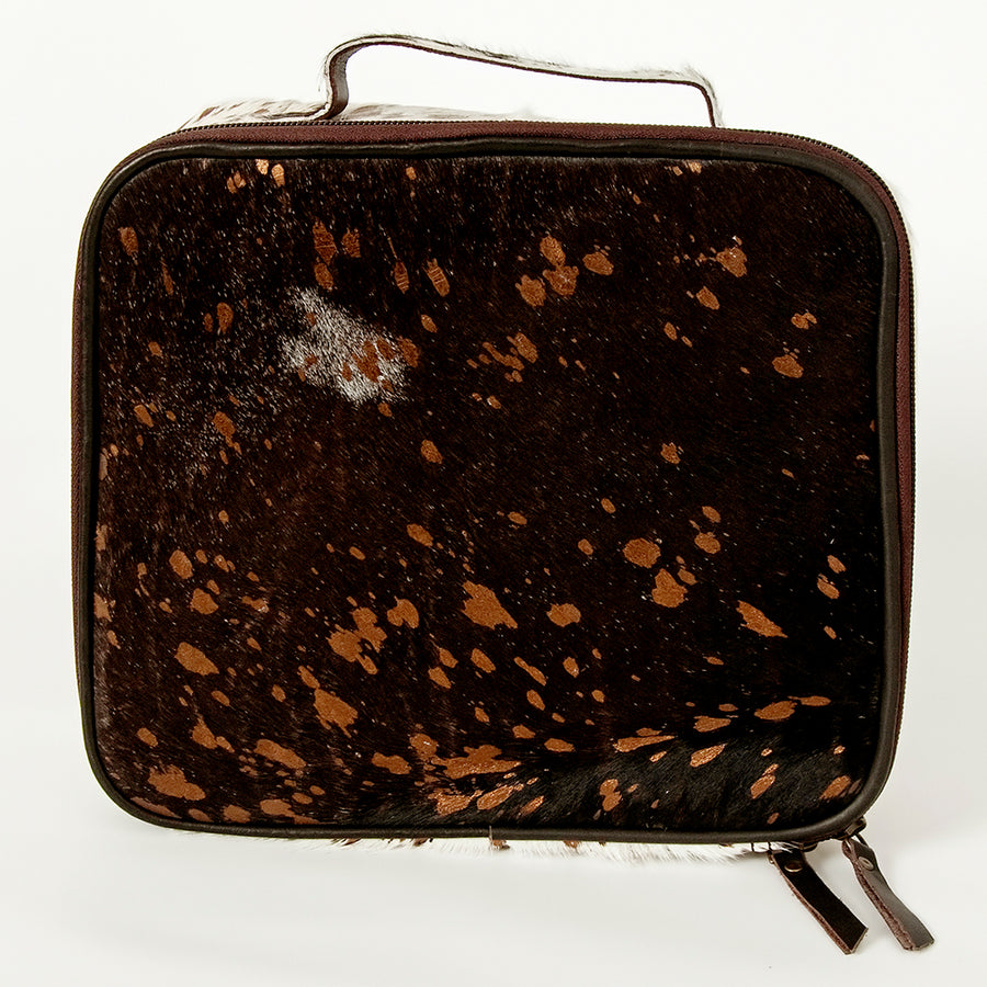 American Darling Genuine Leather Jewelry Case for Women Hair-On Cowhide Travel Organizer Box with Top Handle & YKK Zipper