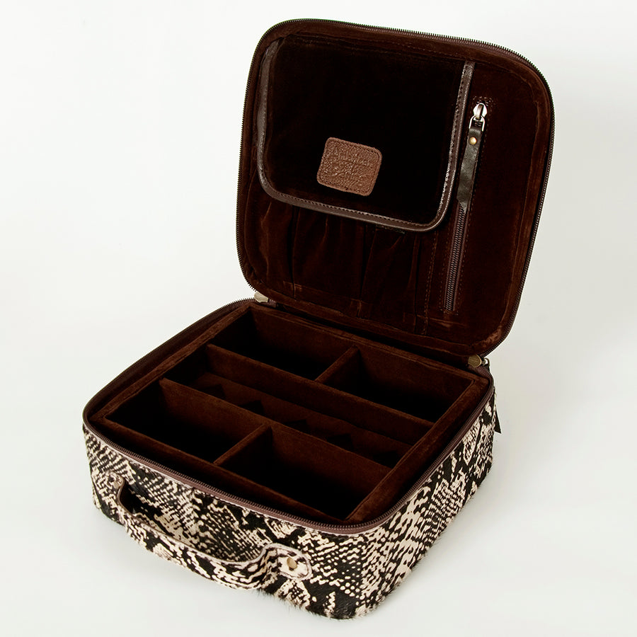 American Darling Genuine Leather Jewelry Case for Women Hair-On Cowhide Travel Organizer Box with Top Handle & YKK Zipper