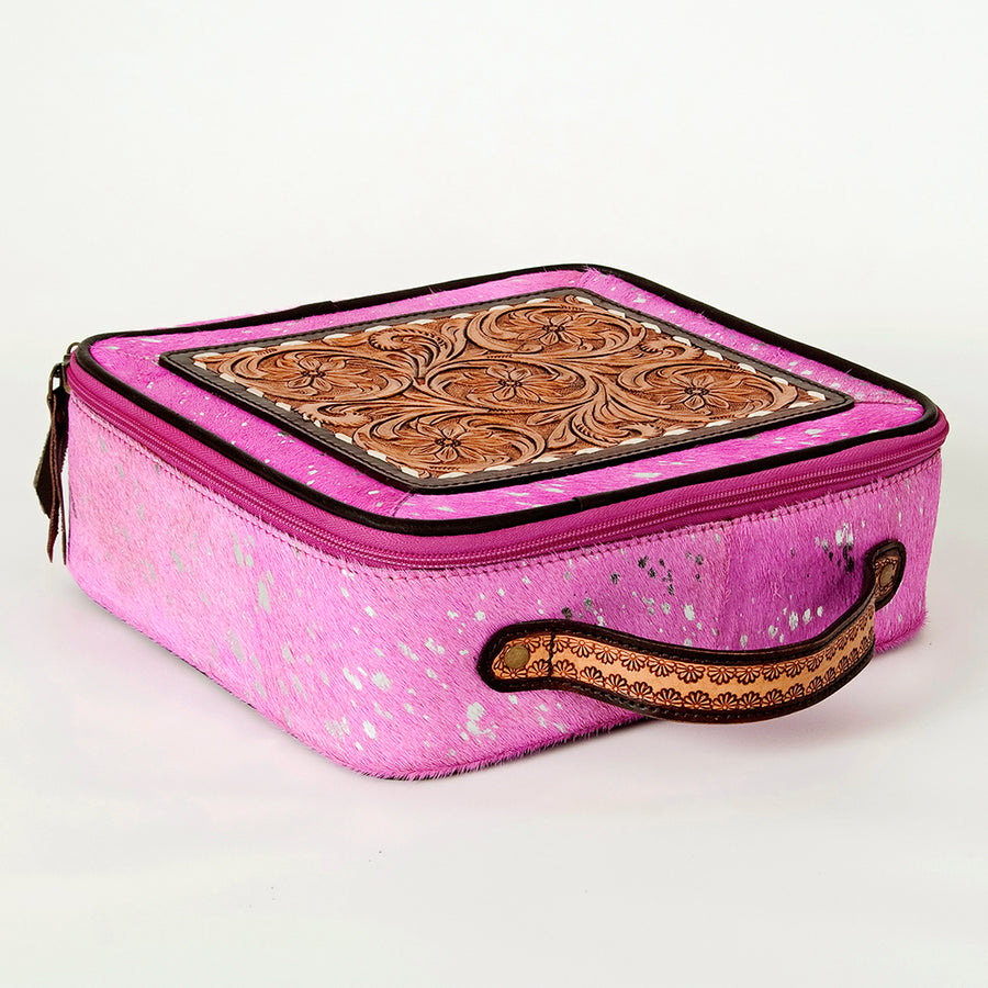 American Darling Genuine Leather Jewelry Case Hair-On Cowhide Floral Carved Tooled Travel Organizer Box with YKK Zipper