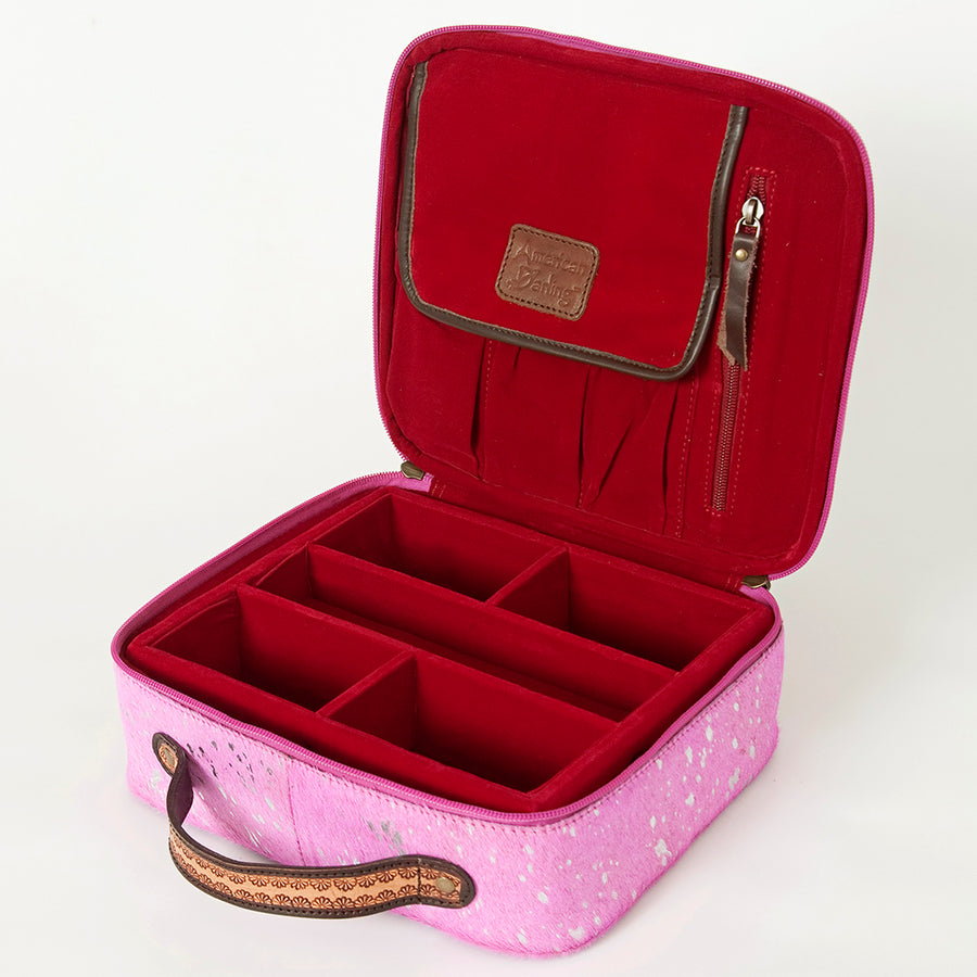 American Darling Genuine Leather Jewelry Case Hair-On Cowhide Floral Carved Tooled Travel Organizer Box with YKK Zipper
