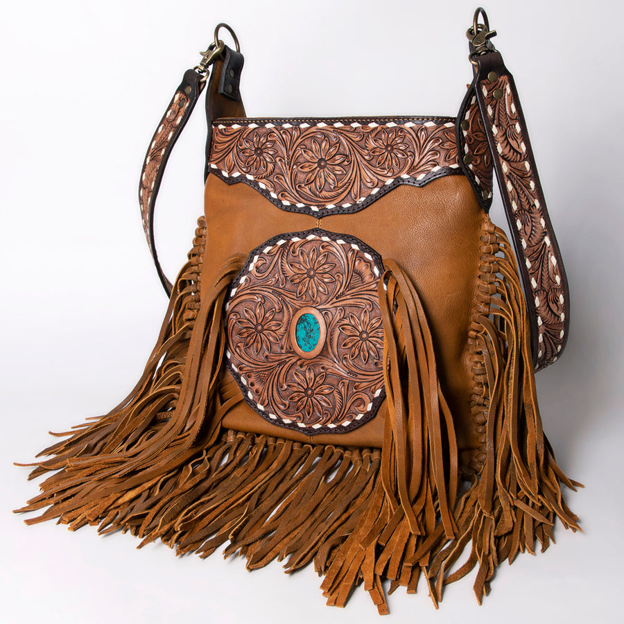 American Darling Hand Tooled Genuine Leather Large Cross Body Bag Turquoise Concho Fringe - Uhorse