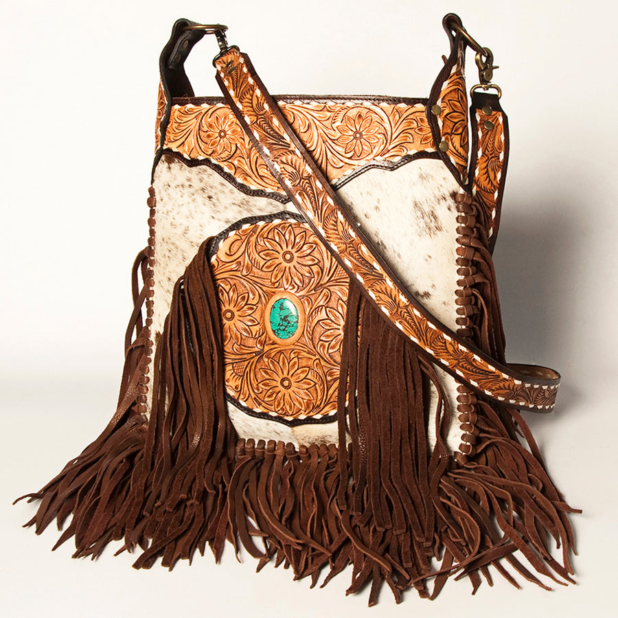 American Darling Hand Tooled Genuine Leather Large Cross Body Bag Women's Floral Carved Purse with Turquoise Concho & Fringes